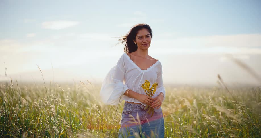 Portrait of a beautiful young woman smiling and holding a bouquet of yellow wildflowers in a breezy field at sunset