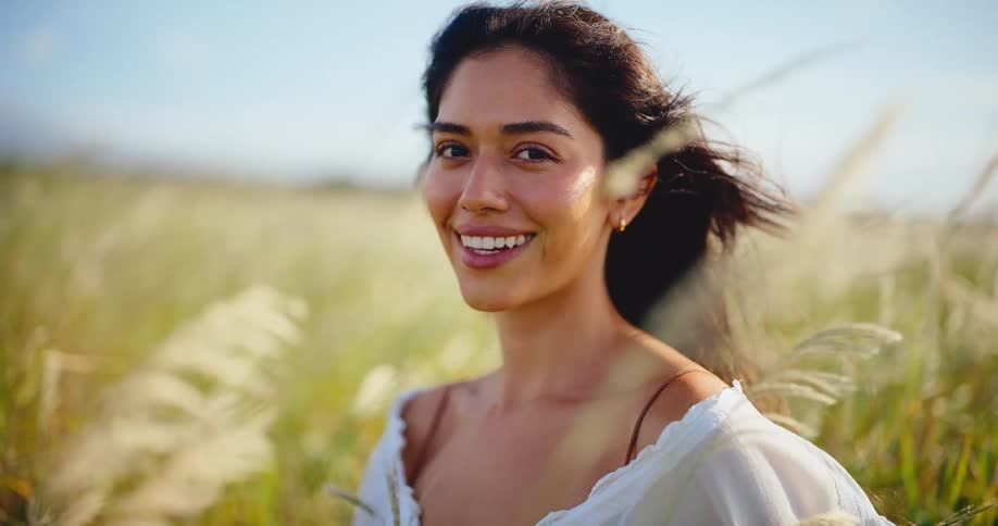 Beautiful young woman smiles and enjoys the sunshine in a breezy golden field in slow motion