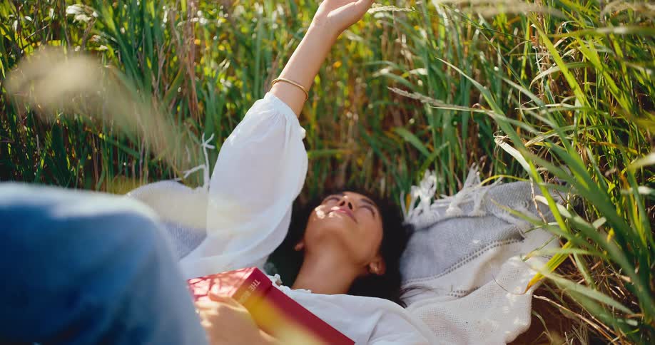 A peaceful woman with a book naps on a blanket in a sunny field of tall grass, her arm raised to feel the breeze