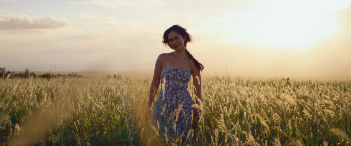 A beautiful woman in a sundress smiles while enjoying the golden sunset in a field of tall grass