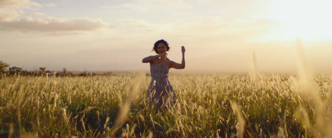 Slow motion of a happy woman in a summer dress standing amidst a field of tall grass, basking in the warm glow of the setting sun