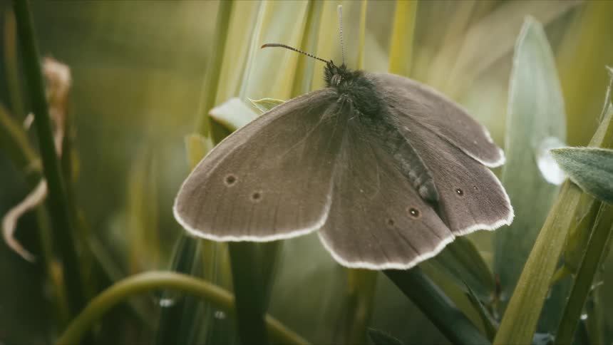 A close-up macro shot of a brown Ringlet butterfly with white-fringed wings resting on a green blade of grass