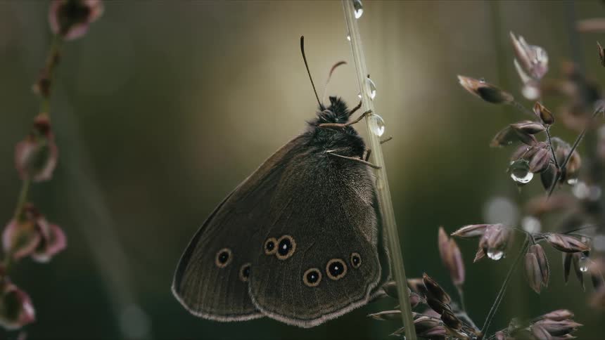A detailed macro shot of a brown butterfly with eye-like spots resting on a plant stem covered in morning dew