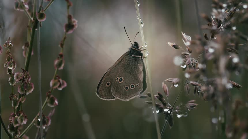 A still cinemagraph of a brown butterfly resting on a dewy blade of grass in a serene meadow