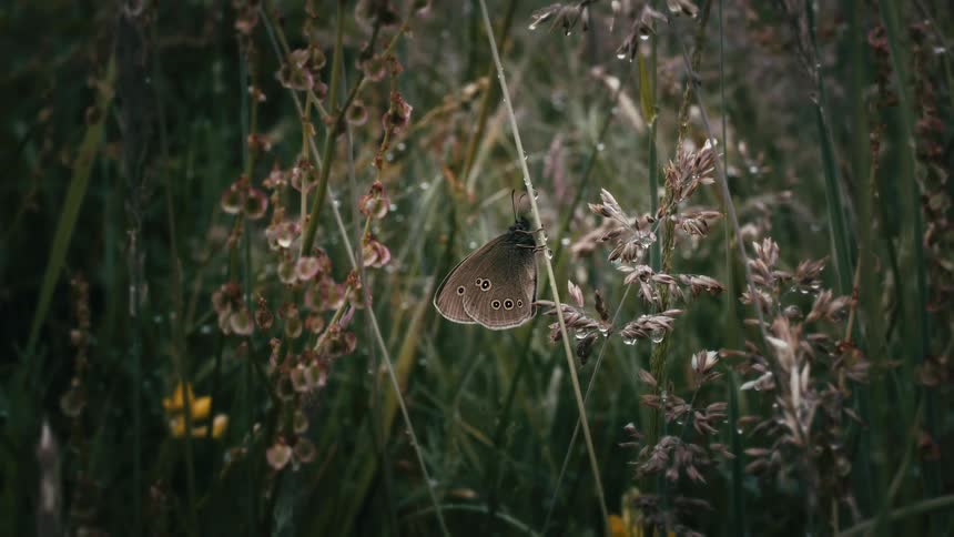A serene cinemagraph captures a brown butterfly resting still on a blade of grass amidst a gently swaying, dewy meadow