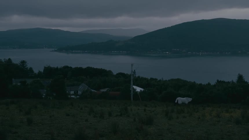 A lone white horse with a blanket grazes in a rural field at twilight overlooking a vast lake and distant hills