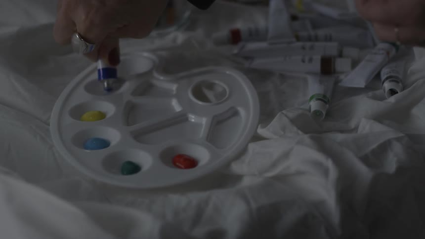 The palette is filled from tubes of paint