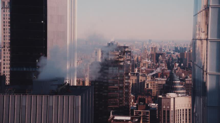 Steam rises from the rooftops of New York City, viewed between two modern skyscrapers during a golden hour sunrise