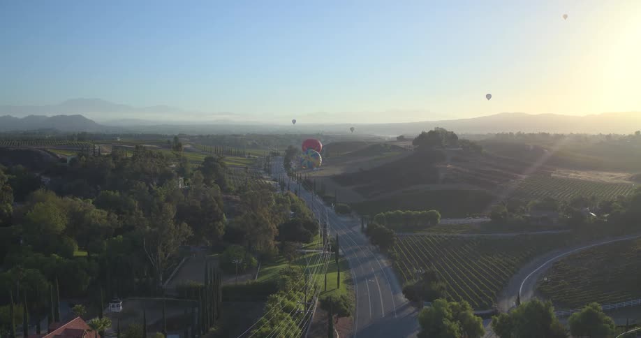 A static aerial shot captures hot air balloons floating over a rural road and vineyards at sunrise
