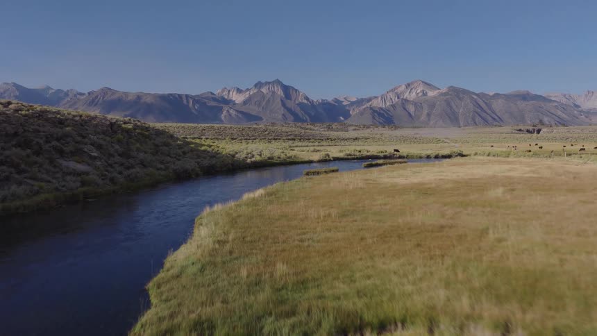 A sweeping aerial view reveals a vast valley with a meandering river, grazing cattle, and a majestic mountain range under a clear blue sky