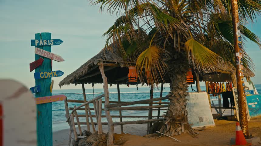 A rustic beach hut under a palm tree and a colorful signpost create a peaceful travel scene by the ocean