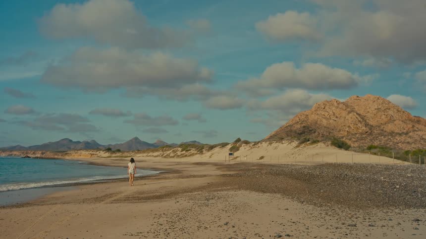 A lone woman in white walks along the shoreline of a vast desert beach with mountains in the distance