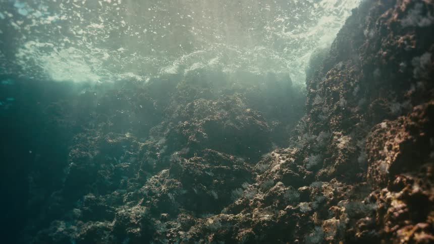 A tranquil underwater view of sunlight filtering through the water's surface onto a rocky reef