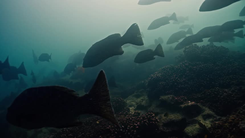 A large school of fish slowly drifts in the murky deep sea, silhouetted by the light filtering from above