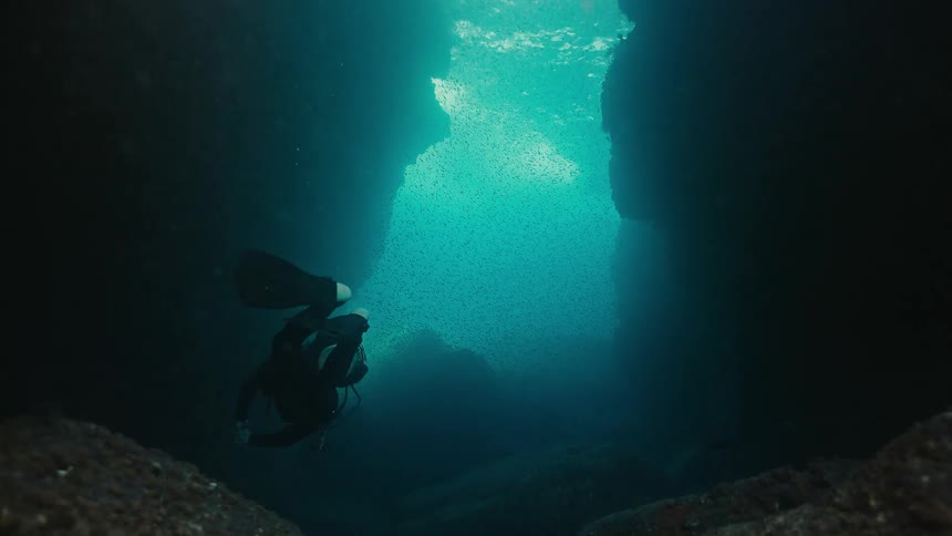 A scuba diver slowly swims through a dark and majestic underwater cave, surrounded by a cloud of tiny glowing organisms