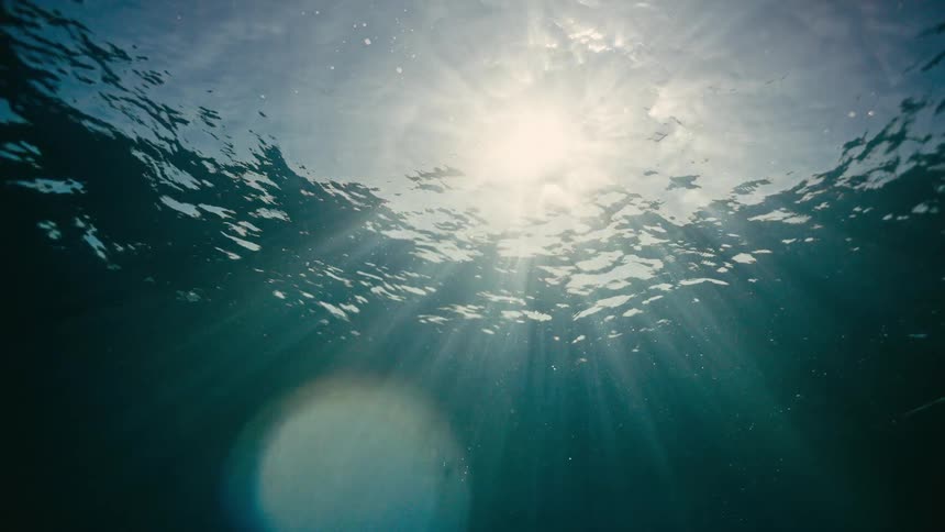 A serene underwater view looks up toward the shimmering sun as brilliant light rays pierce the deep blue ocean