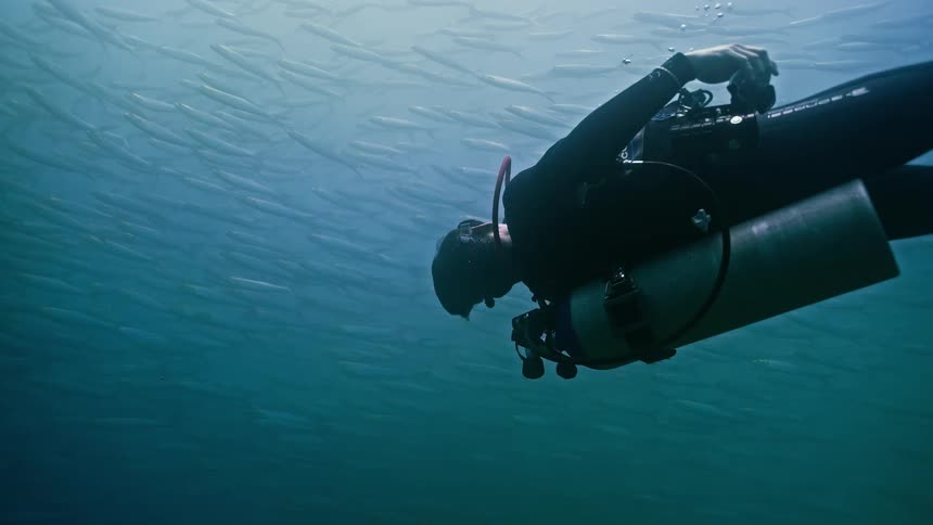 A scuba diver floats in slow motion while filming a massive school of fish swimming in the deep blue ocean