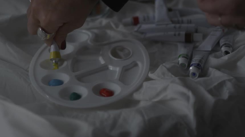 A paint palette is filled with paint