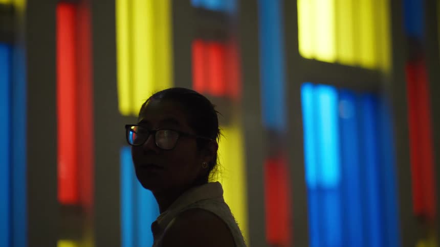 A silhouetted woman wearing glasses slowly turns her head against a colorful backdrop of vertical light panels