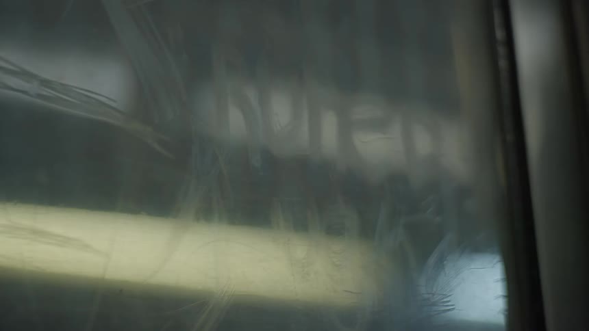 The word 'ruined' is written on a dirty, foggy window as blurry lights pass by in the dark