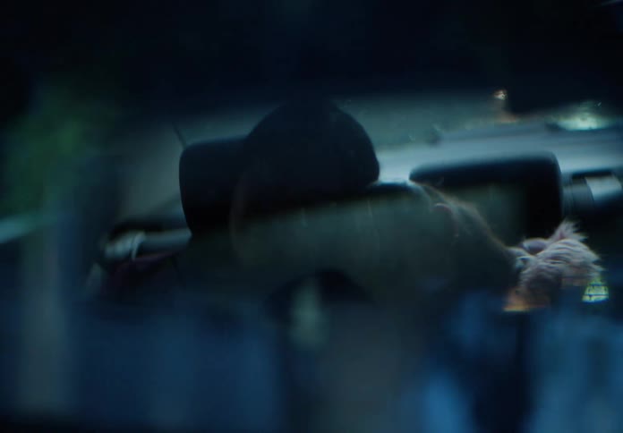 A mother and her daughter sleep peacefully in the back of a car, viewed through a dreamy, reflective lens during a nighttime drive