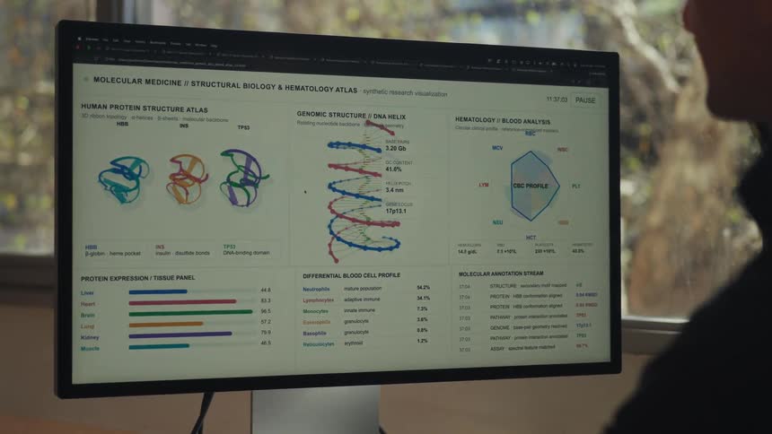 Over the shoulder view of a scientist analyzing a digital atlas of molecular medicine, interacting with a visualization of a DNA helix