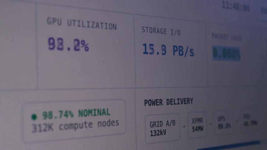 Live data stream on a computer screen shows fluctuating GPU utilization and storage I/O for a high-performance computing system