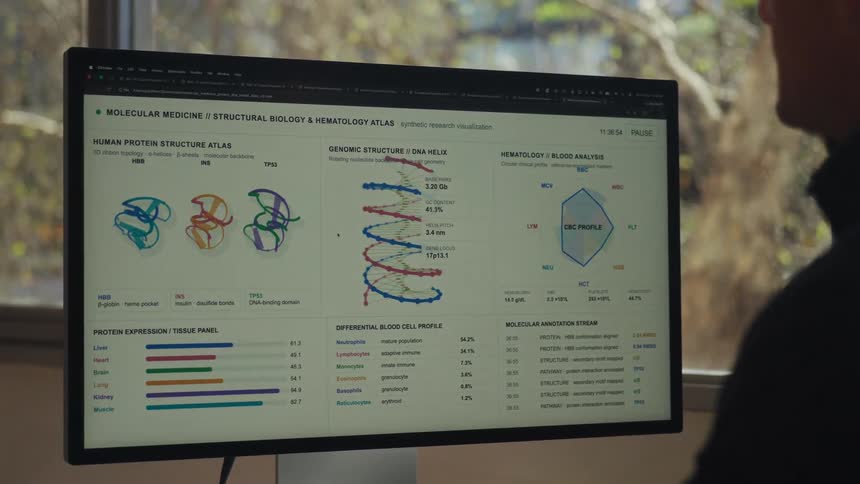 Over the shoulder shot of a scientist analyzing complex molecular medicine and structural biology data on a computer monitor