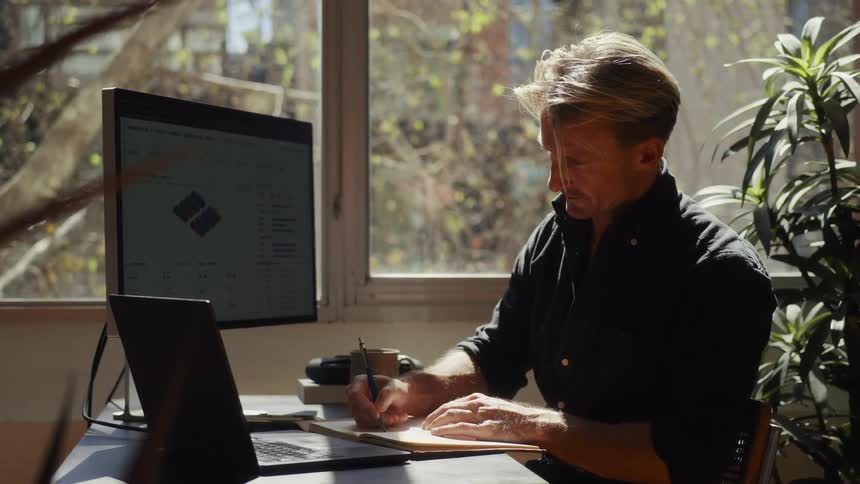 A focused businessman works at his desk in a sunlit office, analyzing data on his computer, taking notes, and using his smartphone
