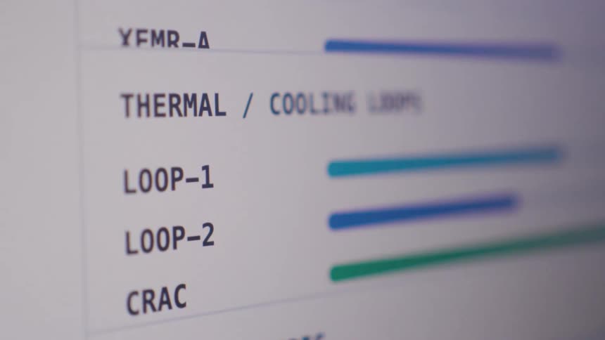 A close-up shot of a computer screen displays a thermal cooling system monitoring dashboard with animated progress bars