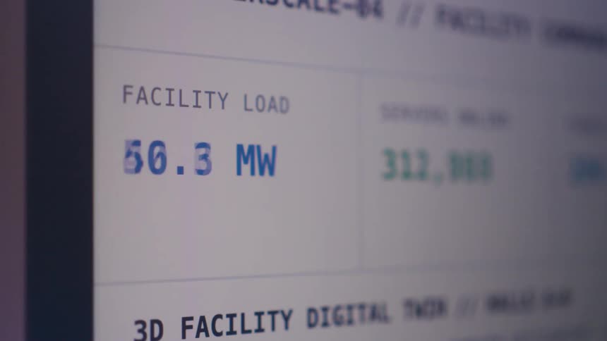 Close-up of a computer screen displaying real-time data for a hyperscale facility, showing fluctuating server loads and online server counts