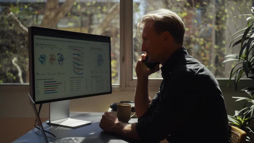 A male data analyst works from his sunlit home office, discussing complex charts and graphs on a phone call while viewing his computer monitor