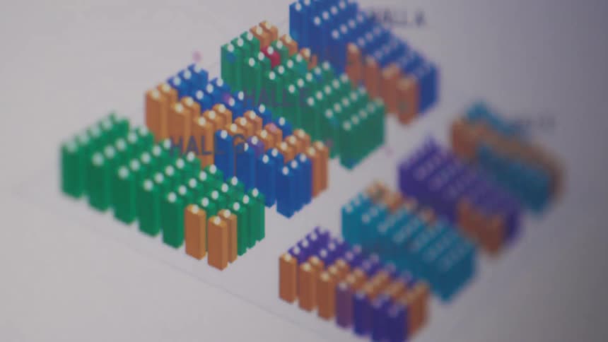 Digital animation visualizes ticket sales or reservations on a colorful, abstract seating map for a large venue