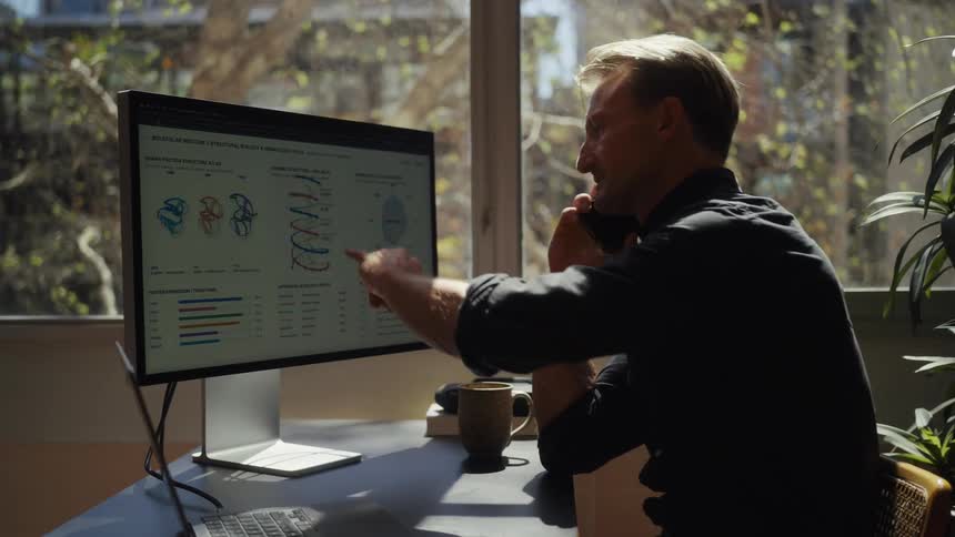 A focused data analyst discusses findings over the phone while working from home, pointing at complex visualizations on his computer monitor
