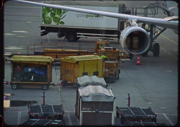Retro-style footage of airport ground crew moving luggage carts away from an airplane being serviced on the tarmac