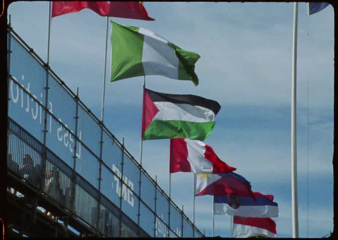A row of international flags, including those of Palestine and Nigeria, wave in slow motion against a blue sky, captured on vintage film