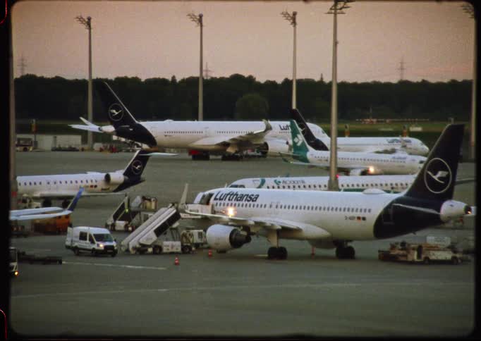16mm analog footage captures a busy airport tarmac at dusk with several Lufthansa airplanes parked and preparing for flight
