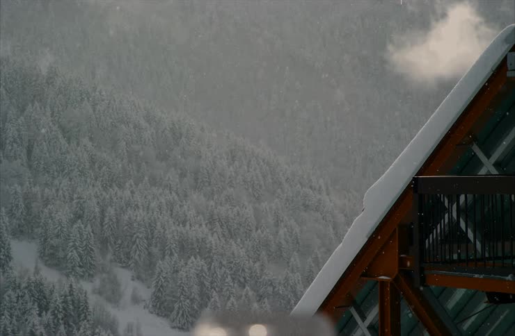 Snow falls gently over a cozy cabin nestled in a vast, snow-covered mountain forest during a winter storm