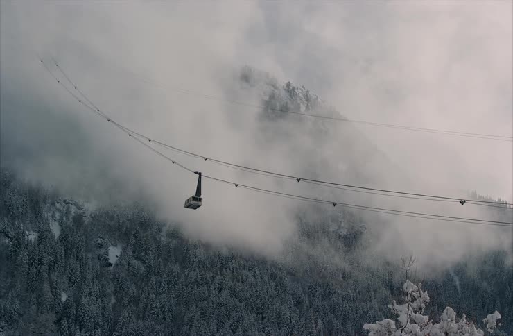 A lone gondola slowly ascends a snowy, fog-covered mountain through a dense pine forest