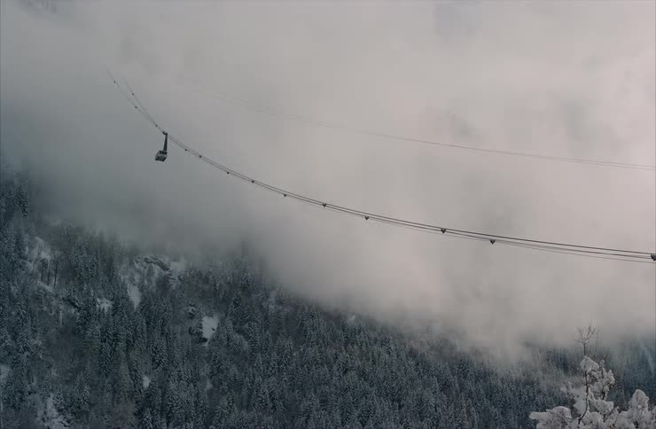 A single cable car emerges from the thick fog, traveling over a vast, snow-covered forest on a mountainside