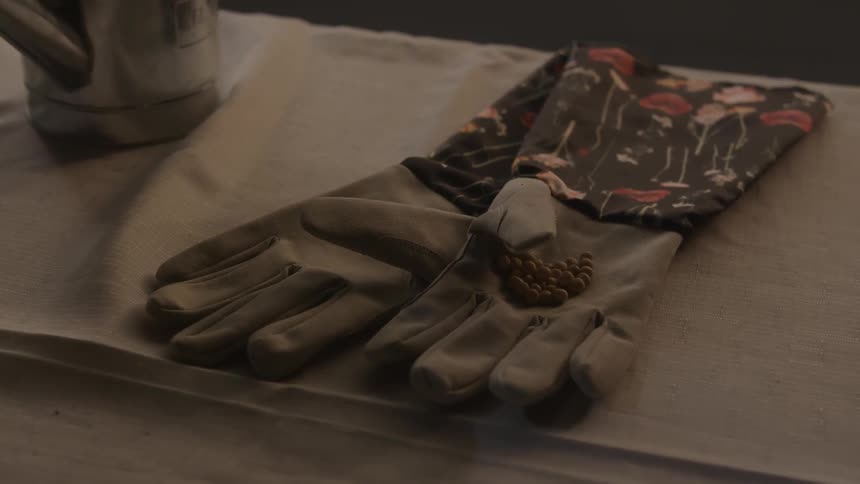 Gloves on a desk near a watering can