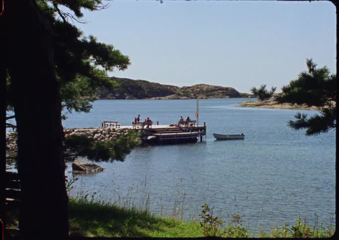 Vintage film captures a tranquil summer scene of people relaxing on a wooden pier in a calm, tree-lined bay