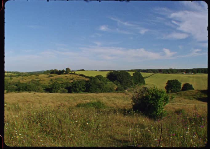 A vintage film-style pan across a bucolic landscape of rolling hills, verdant fields, and wildflower meadows under a sunny blue sky