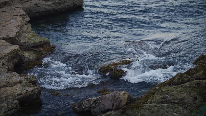 Dark blue ocean water gently crashes against a mossy, rocky shoreline in a serene cove