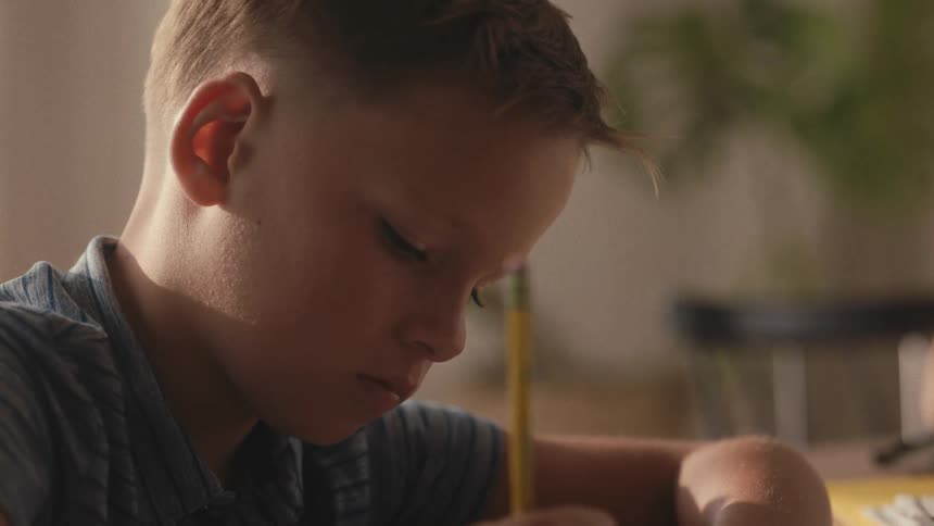 A young brother and sister sit at a table focusing on their school homework