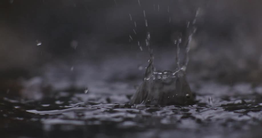 A super slow motion close-up of raindrops splashing into a dark puddle, creating ripples and crowns on the surface