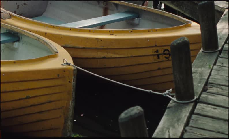 A tranquil, vintage-style montage of yellow rowboats moored at a dock and a young woman reading a book outdoors