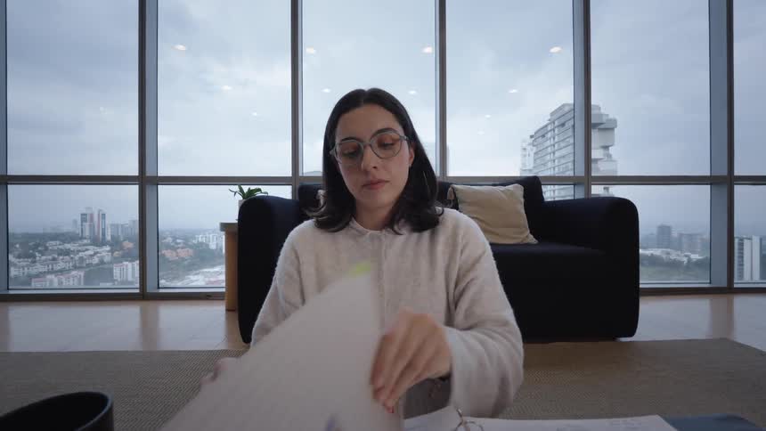 A young woman puts on her glasses to begin studying from a large book in a modern apartment overlooking the city