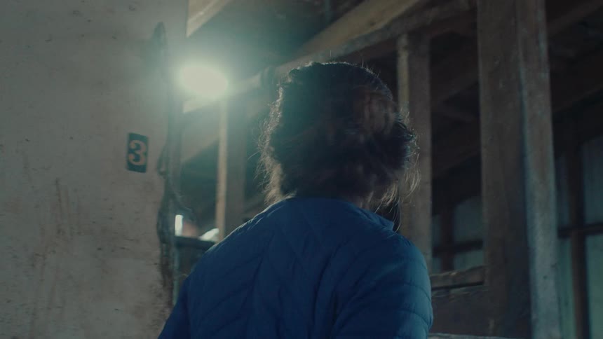 A woman in a blue quilted vest walks through a rustic, sunlit barn in slow motion