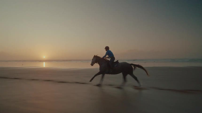 A majestic horse and rider gallop in slow motion along a wide sandy beach as the sun sets over the ocean